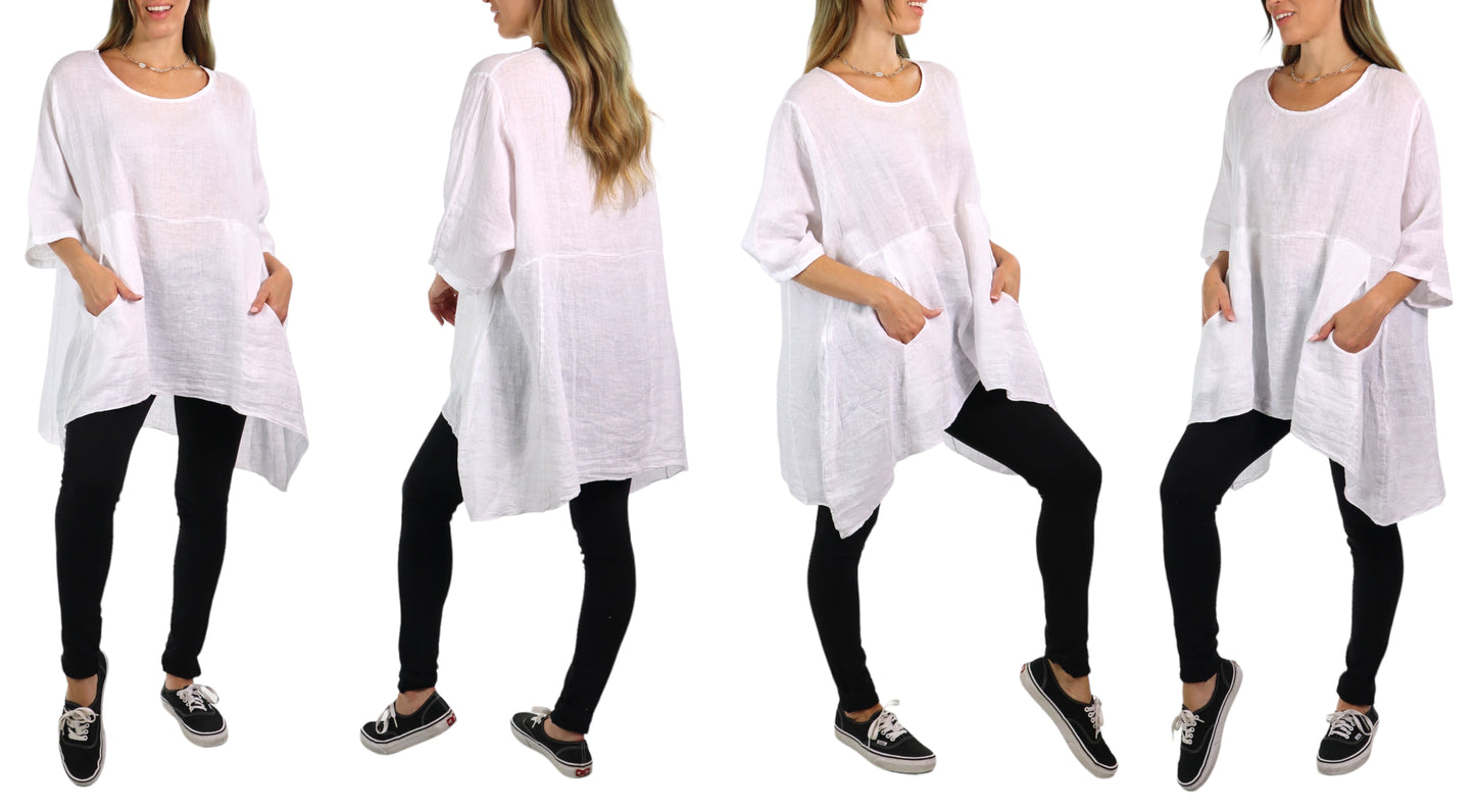 Linen Relaxed Fit Asymmetrical Hem Blouse Top with Front Pockets | One Size Fits All (Fits S-3X)