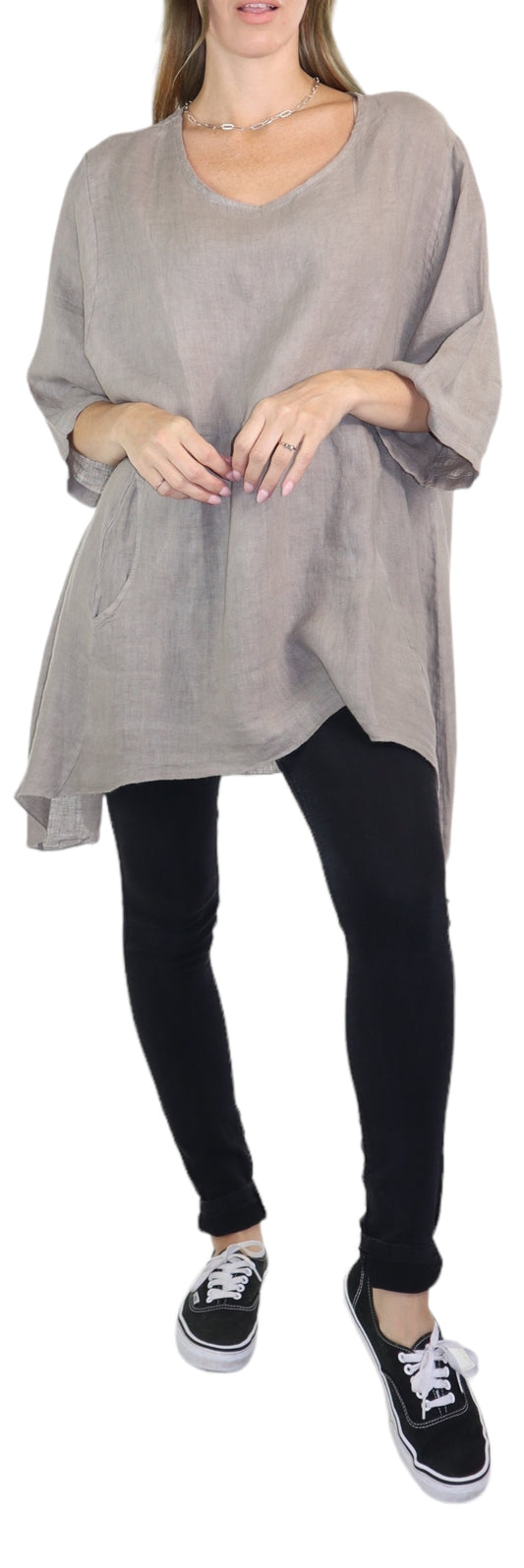 Linen Relaxed Fit Asymmetrical Hem Blouse Top with Front Pockets | One Size Fits All (Fits S-3X)