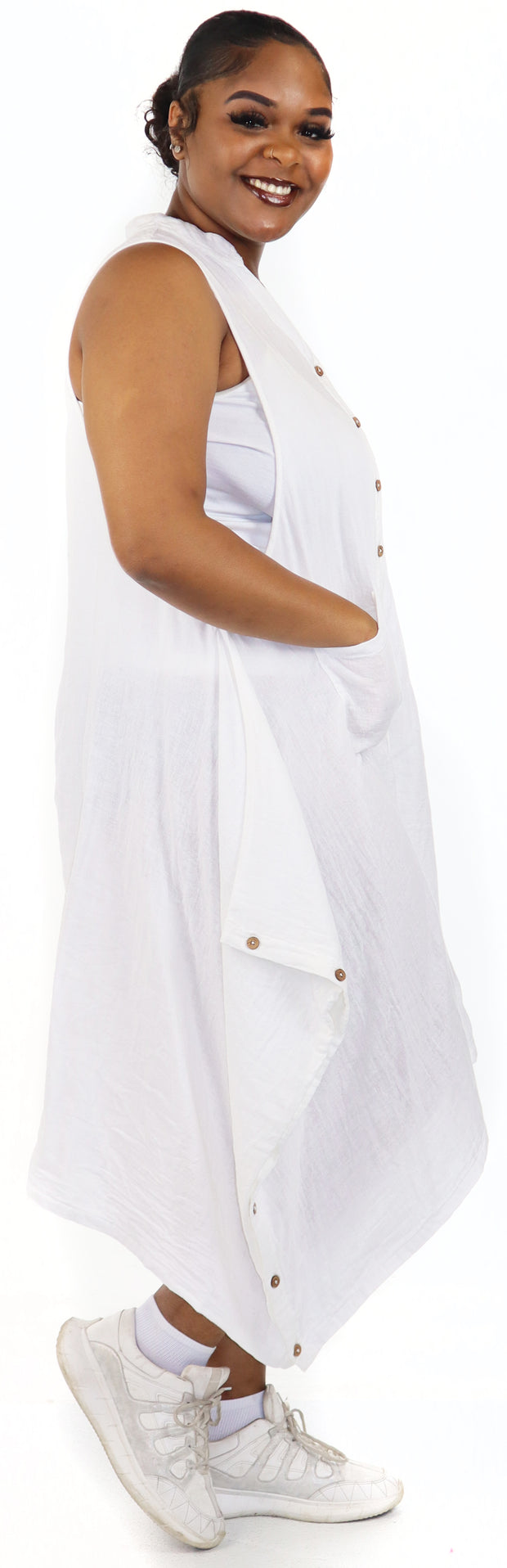 Women Boho Linen Sleeveless Button Down Midi Dress Top, Romper w/ Front Pockets, Reg and Plus Sizes