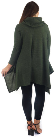 Cowl Neck Cozy Asymmetrical Hem Tunic Outerwear Sweater for Chilly Weather, Flared Hemline, Made in USA, Available in Regular and Plus Sizes