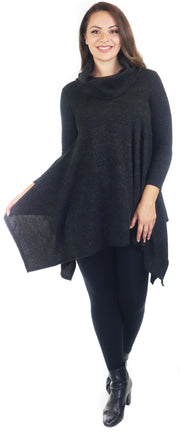 Cowl Neck Cozy Asymmetrical Hem Tunic Outerwear Sweater for Chilly Weather, Flared Hemline, Made in USA, Available in Regular and Plus Sizes