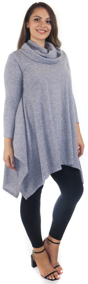 Cowl Neck Cozy Asymmetrical Hem Tunic Outerwear Sweater for Chilly Weather, Flared Hemline, Made in USA, Available in Regular and Plus Sizes