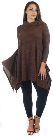 Cowl Neck Cozy Asymmetrical Hem Tunic Outerwear Sweater for Chilly Weather, Flared Hemline, Made in USA, Available in Regular and Plus Sizes