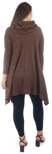 Cowl Neck Cozy Asymmetrical Hem Tunic Outerwear Sweater for Chilly Weather, Flared Hemline, Made in USA, Available in Regular and Plus Sizes