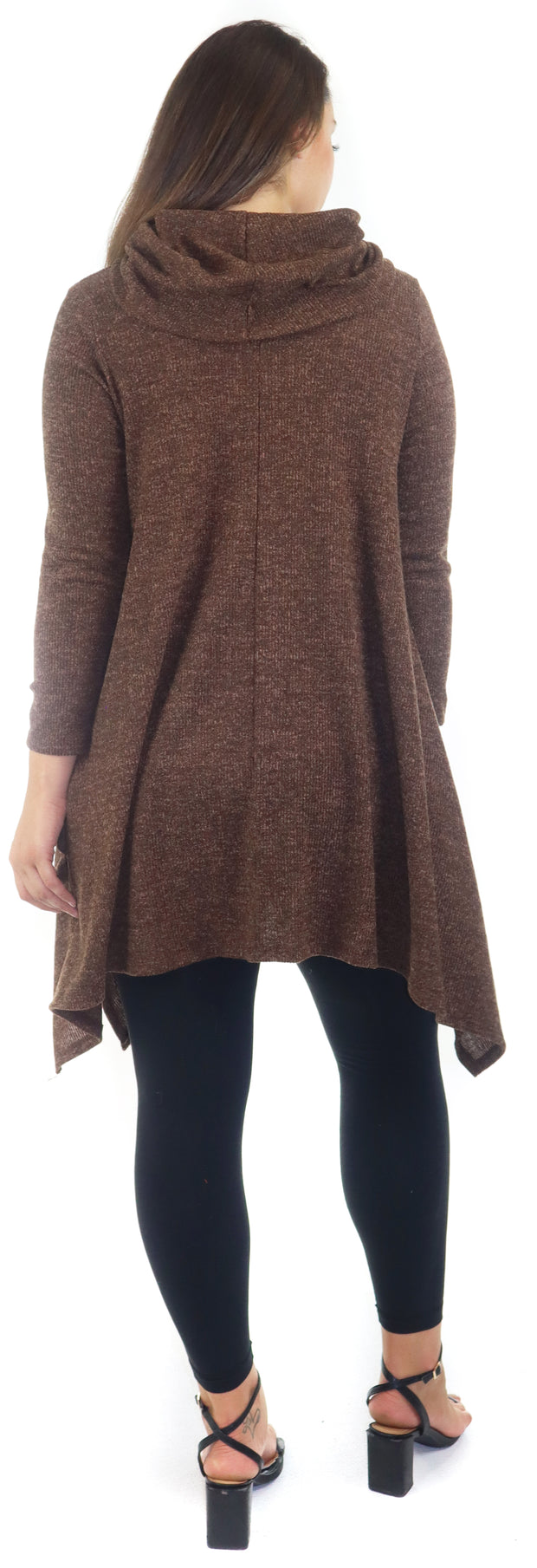 Cowl Neck Cozy Asymmetrical Hem Tunic Outerwear Sweater for Chilly Weather, Flared Hemline, Made in USA, Available in Regular and Plus Sizes