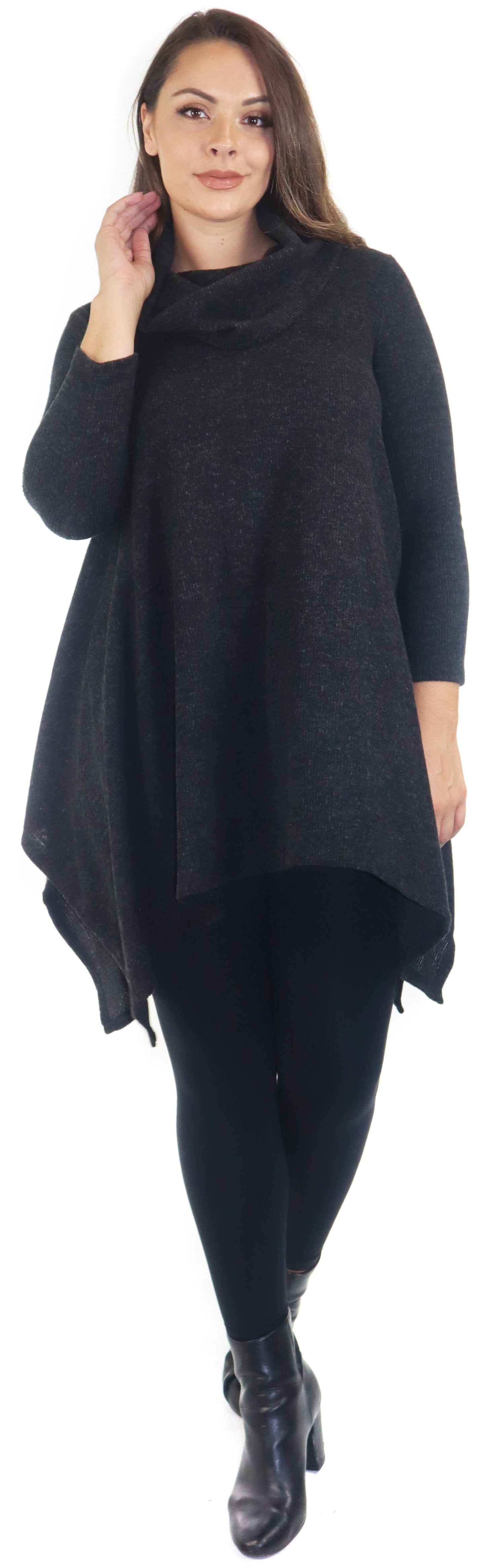 Cowl Neck Cozy Asymmetrical Hem Tunic Outerwear Sweater for Chilly Weather, Flared Hemline, Made in USA, Available in Regular and Plus Sizes