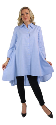 New Hi Low Button Down A Line Swing Dress Shirt,  Reg and Plus Sizes, Cotton Chambray