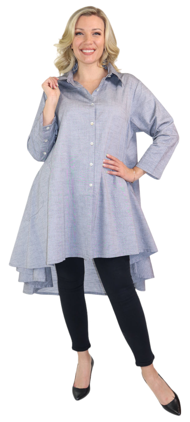 New Hi Low Button Down A Line Swing Dress Shirt,  Reg and Plus Sizes, Cotton Chambray