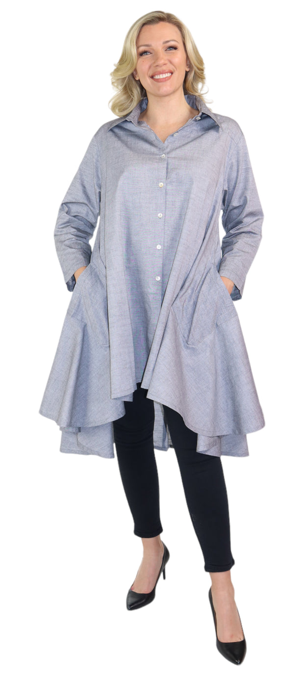 New Hi Low Button Down A Line Swing Dress Shirt,  Reg and Plus Sizes, Cotton Chambray