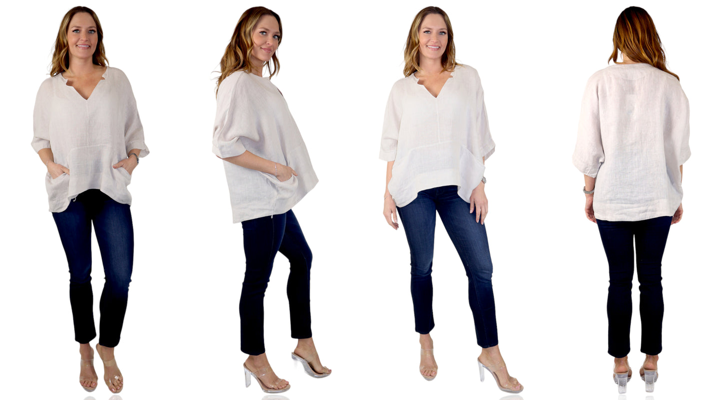 Womens V Neck Linen Asymmetric Hem V Neck Tunic Top with Pockets | One Size Fits All
