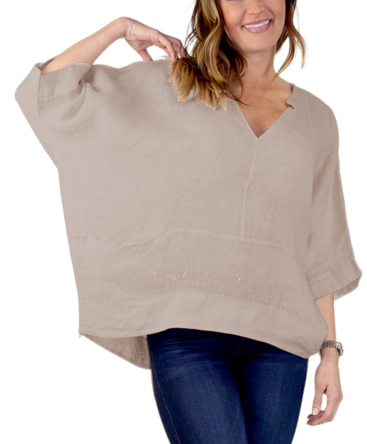 Womens V Neck Linen Asymmetric Hem V Neck Tunic Top with Pockets | One Size Fits All