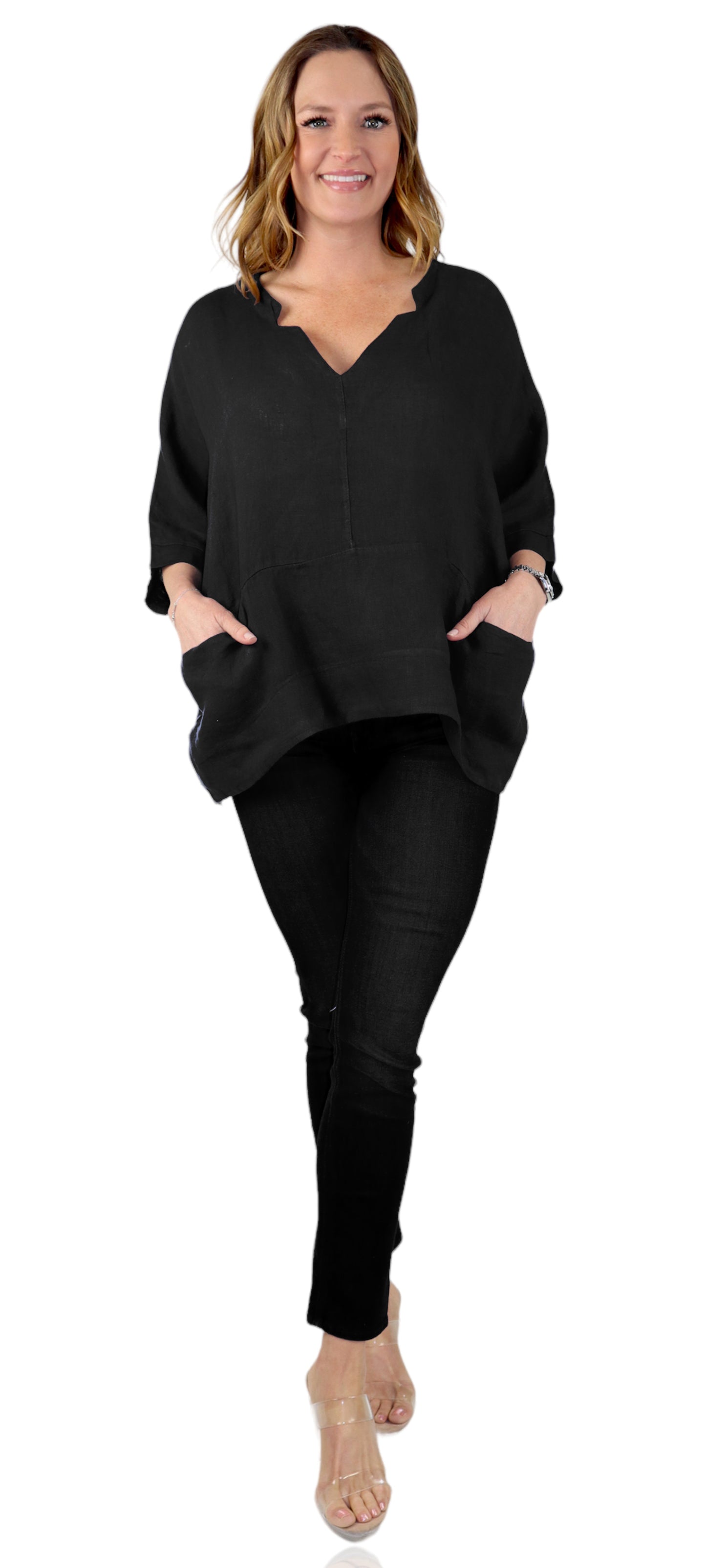 Womens V Neck Linen Asymmetric Hem V Neck Tunic Top with Pockets | One Size Fits All