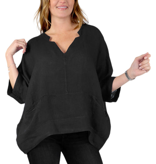 Womens V Neck Linen Asymmetric Hem V Neck Tunic Top with Pockets | One Size Fits All