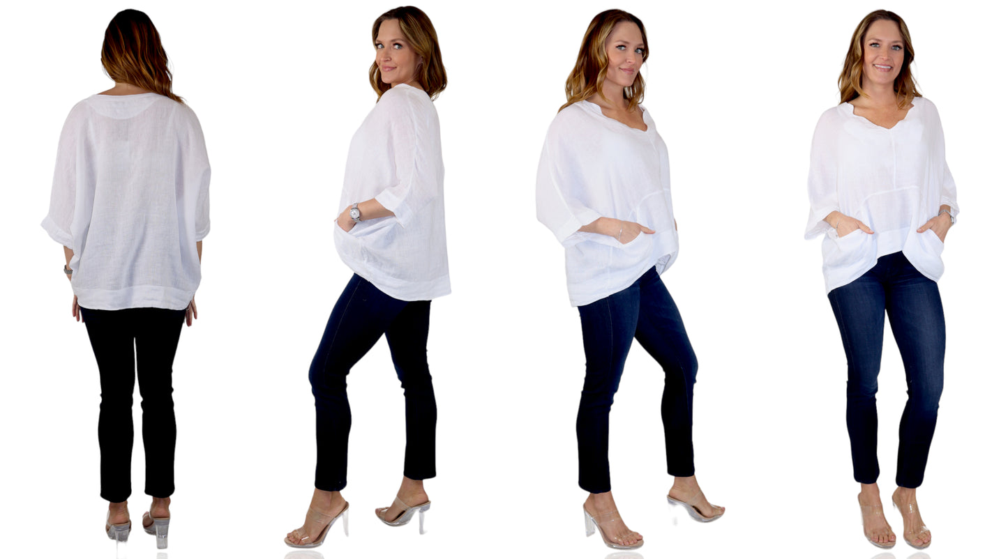 Womens V Neck Linen Asymmetric Hem V Neck Tunic Top with Pockets | One Size Fits All
