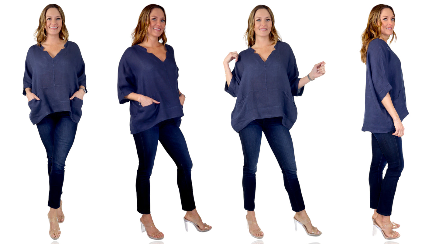 Womens V Neck Linen Asymmetric Hem V Neck Tunic Top with Pockets | One Size Fits All