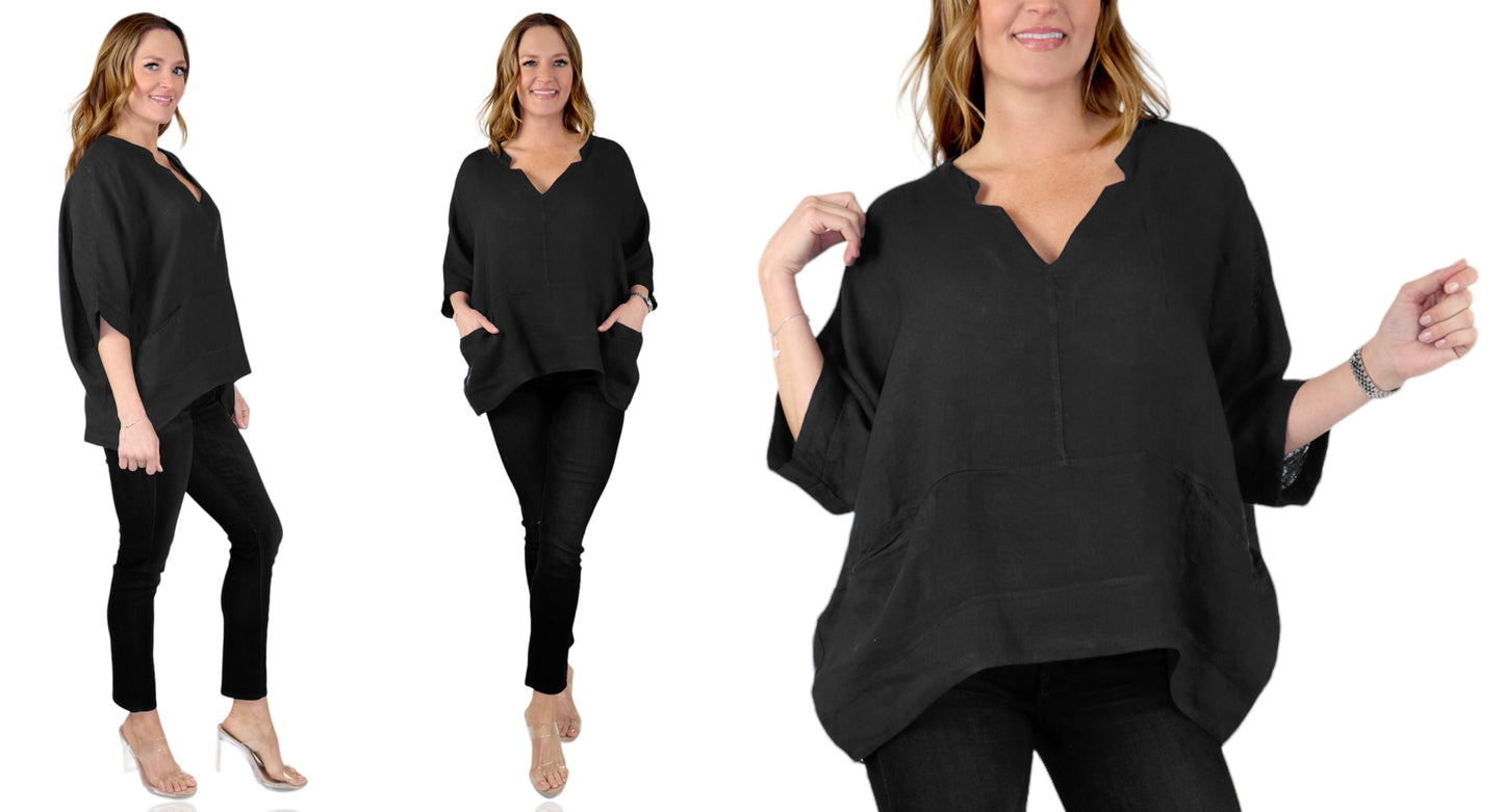 Womens V Neck Linen Asymmetric Hem V Neck Tunic Top with Pockets | One Size Fits All