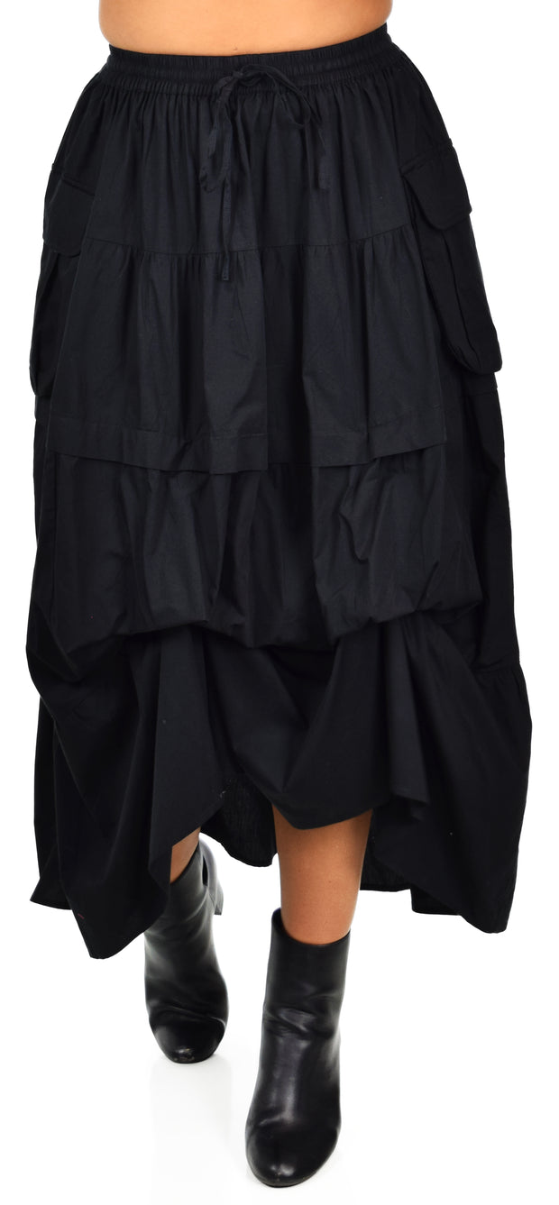 Women Black Plus Size Broomstick Skirt, 3 Tiered Midi Ruffle Skirt