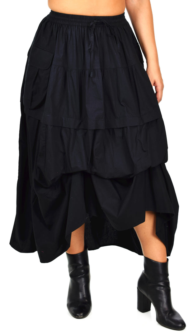 Women Black Plus Size Broomstick Skirt, 3 Tiered Midi Ruffle Skirt