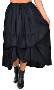 Women Black Plus Size Broomstick Skirt, 3 Tiered Midi Ruffle Skirt