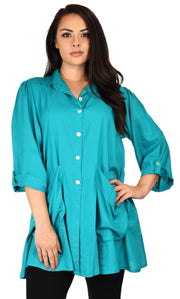Button Down Tunic Blouse Shirt w/ Roll Up Sleeves