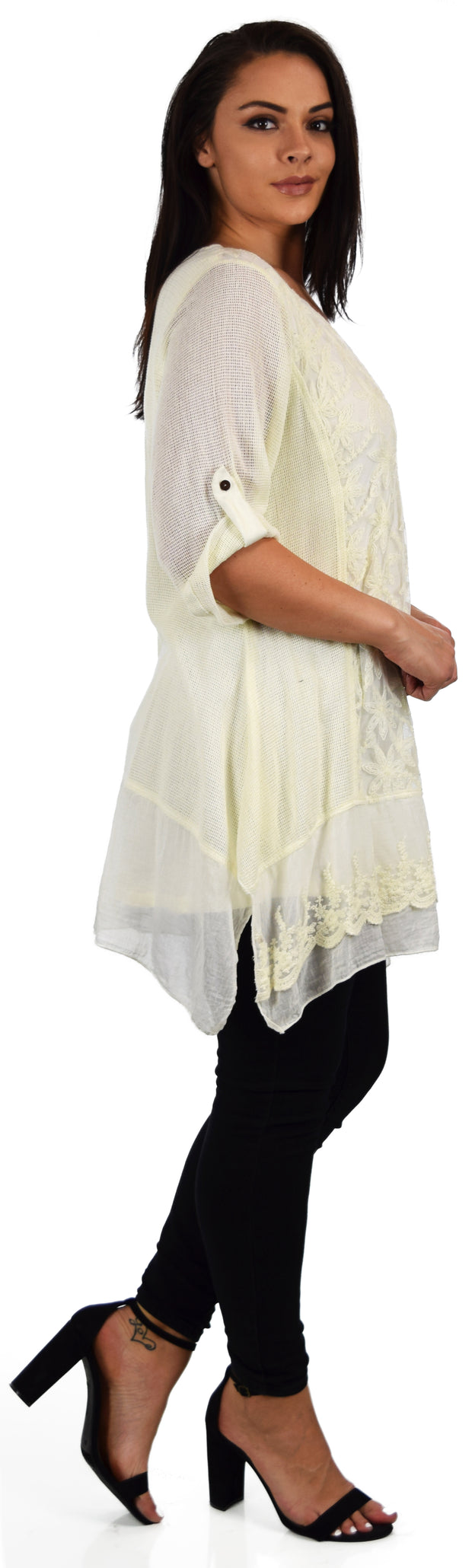 Zopali Women's Plus Size Netted Embroidered Lace Blouse Top w/Roll up Sleeves