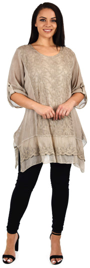 Zopali Women's Plus Size Netted Embroidered Lace Blouse Top w/Roll up Sleeves