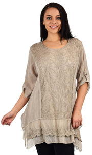 Zopali Women's Plus Size Netted Embroidered Lace Blouse Top w/Roll up Sleeves