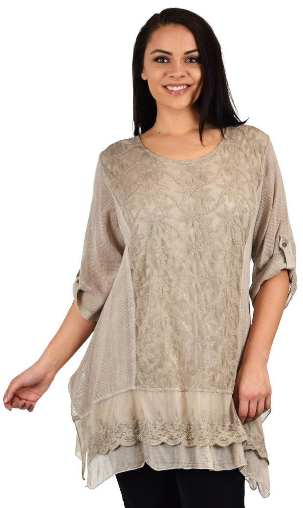 Zopali Women's Plus Size Netted Embroidered Lace Blouse Top w/Roll up Sleeves