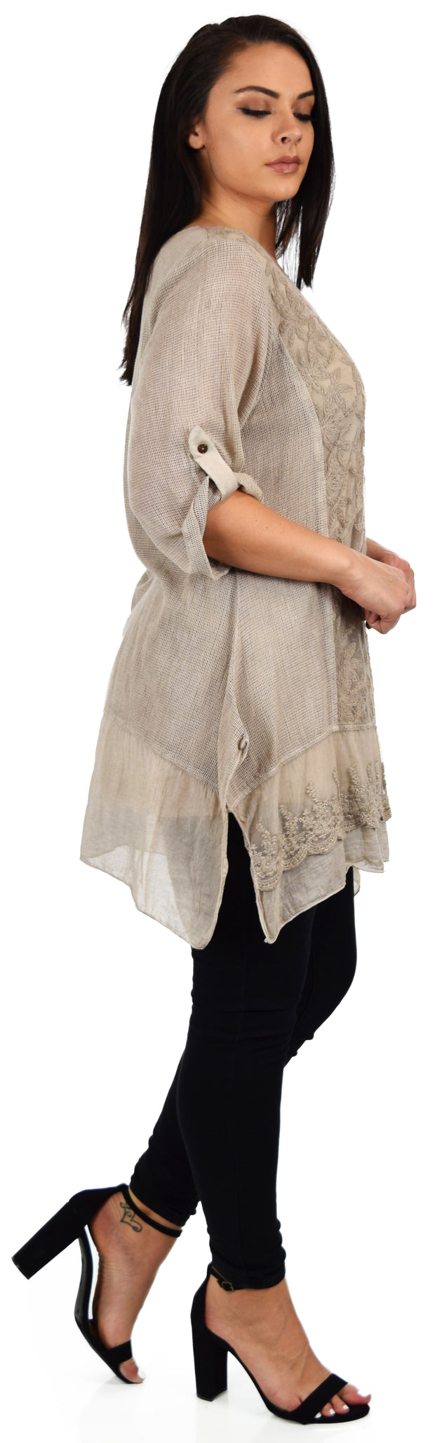 Zopali Women's Plus Size Netted Embroidered Lace Blouse Top w/Roll up Sleeves
