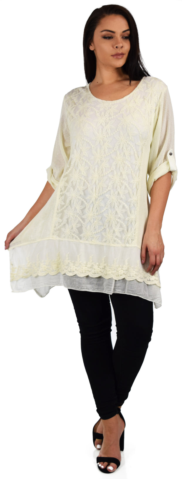 Zopali Women's Plus Size Netted Embroidered Lace Blouse Top w/Roll up Sleeves