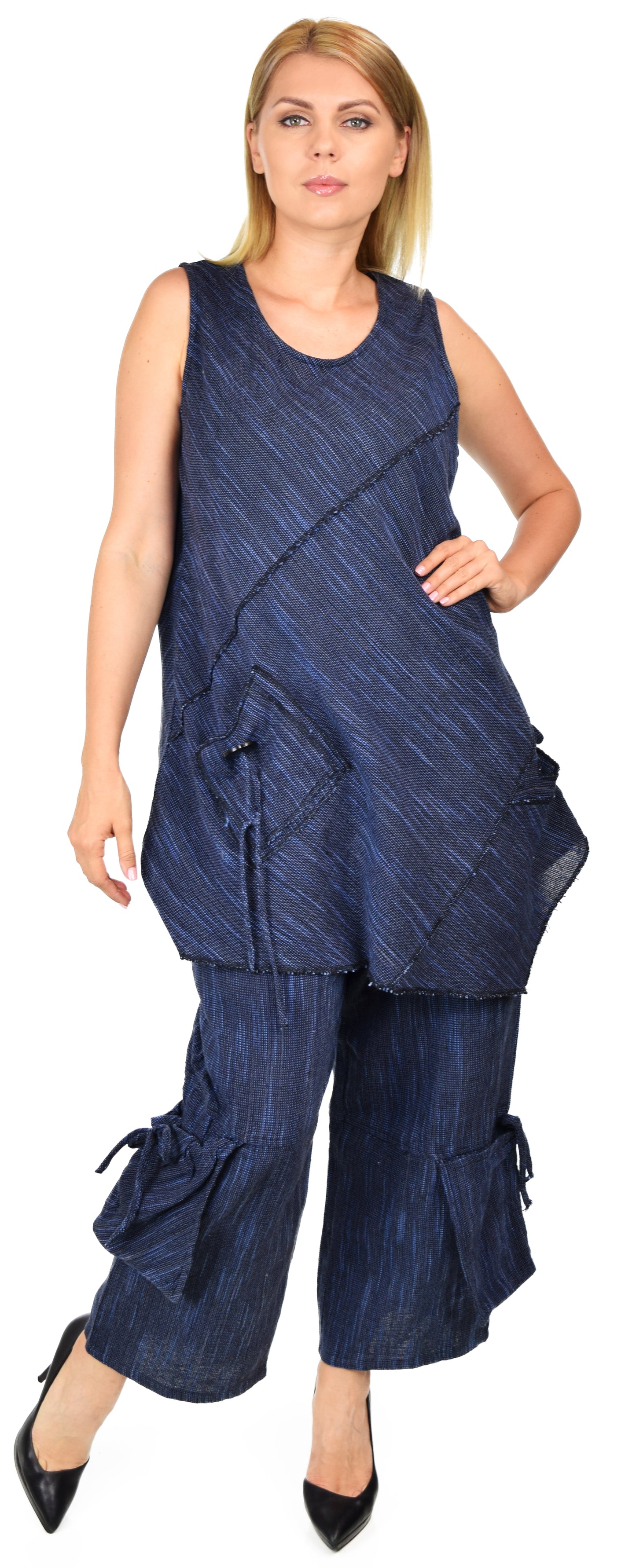 Organic hand spun cotton 2 piece pant set, crop pant set, Sleeveless tunic PANT set, Artsy pant set, Summer pant set SIZE M to 2XL