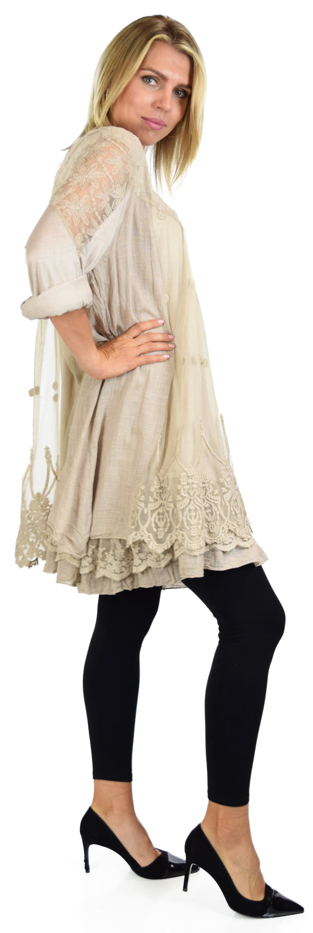 Women Plus Size Lace Blouse Top with Roll Up Sleeves