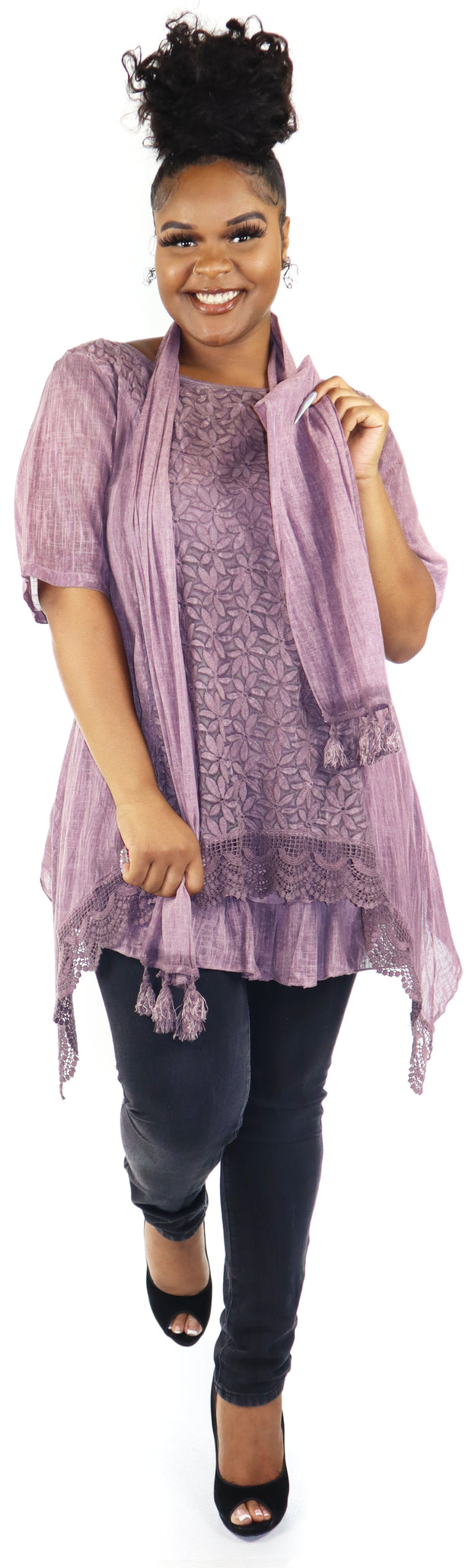 Women Plus Size Asymmetrical Tunic, Lace Tunic Blouse Top Set with Scarf, 3 pc tunic set, Plus size tunic set, L, XL, 1XL