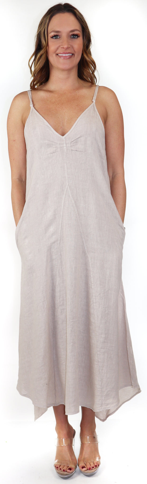 Women's Spaghetti Strap Maxi Dress with Deep Side Pockets, Made in Italy, 100% linen Spaghetti Strap Maxi Dress with Deep Side Pockets, Made in Italy