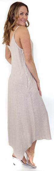 Women's Spaghetti Strap Maxi Dress with Deep Side Pockets, Made in Italy, 100% linen Spaghetti Strap Maxi Dress with Deep Side Pockets, Made in Italy