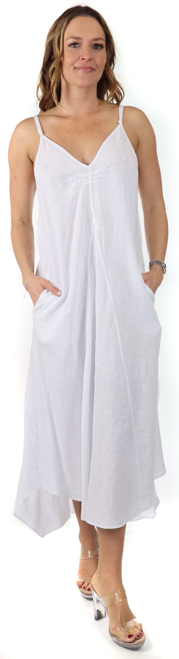 Women's Spaghetti Strap Maxi Dress with Deep Side Pockets, Made in Italy, 100% linen Spaghetti Strap Maxi Dress with Deep Side Pockets, Made in Italy