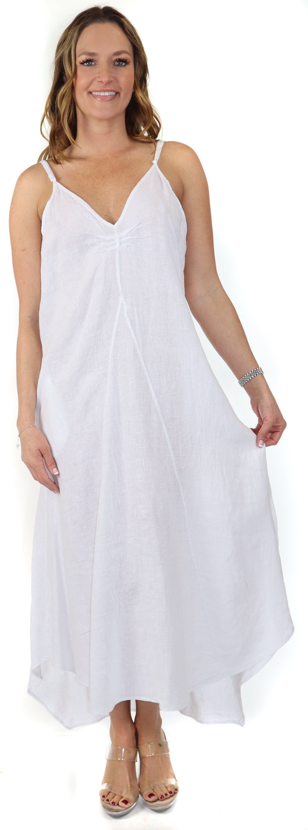 Women's Spaghetti Strap Maxi Dress with Deep Side Pockets, Made in Italy, 100% linen Spaghetti Strap Maxi Dress with Deep Side Pockets, Made in Italy