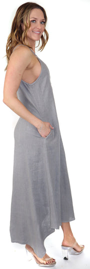 Women's Spaghetti Strap Maxi Dress with Deep Side Pockets, Made in Italy, 100% linen Spaghetti Strap Maxi Dress with Deep Side Pockets, Made in Italy