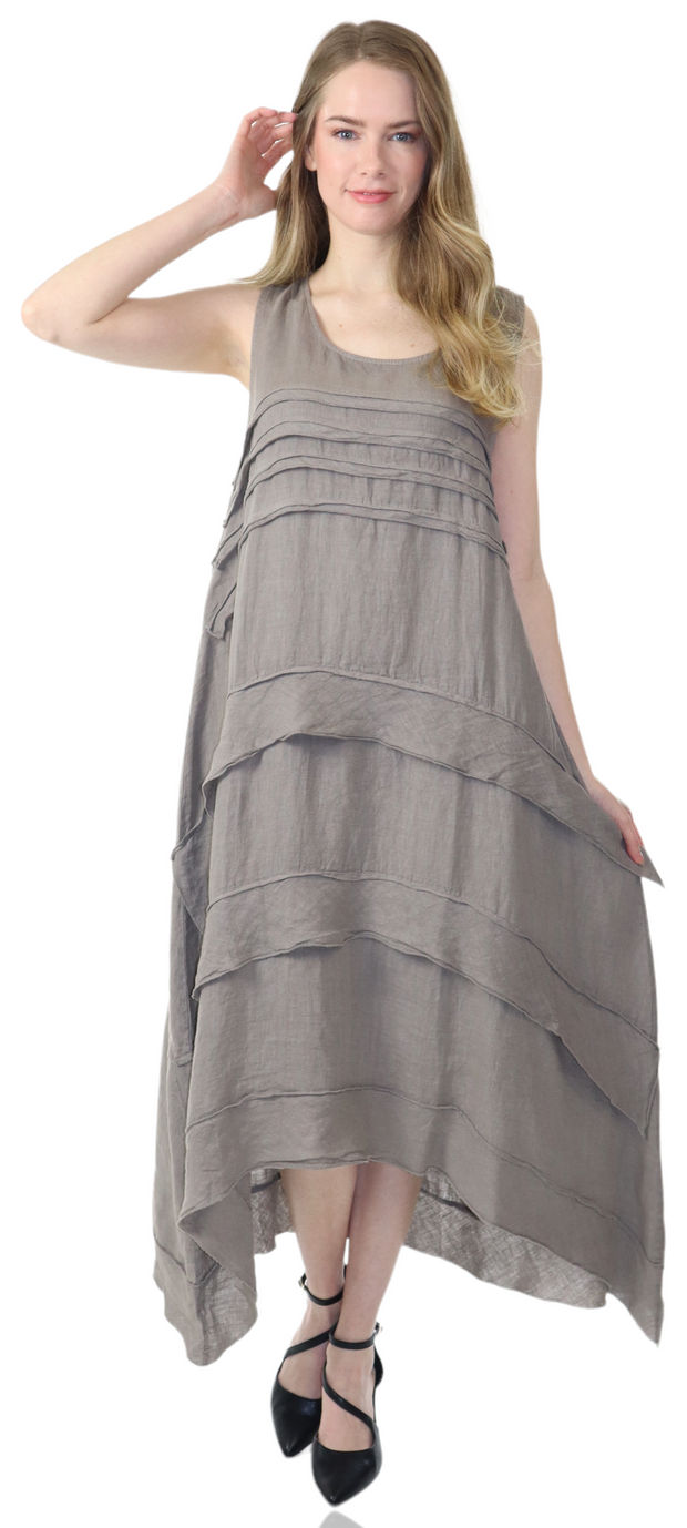 Women's Asymmetrical Hi Low Maxi Dress, 7 Ruffle Trim, 100% Natural Linen and Made in Italy, Regular and Plus Sizes