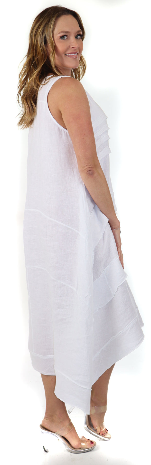 Women's Asymmetrical Hi Low Maxi Dress, 7 Ruffle Trim, 100% Natural Linen and Made in Italy, Regular and Plus Sizes