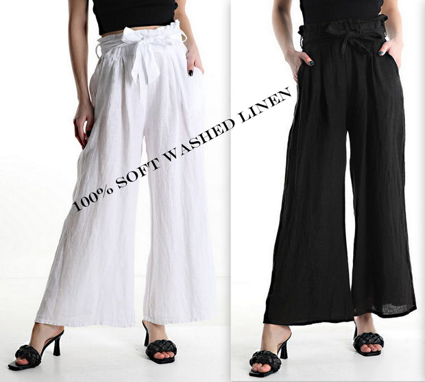 Pure washed linen Pants with the tie belt and elastic waist