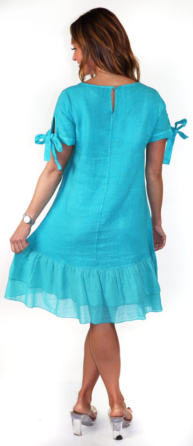 Women's Summer Dress with Bow tie Frills, Made in Italy, Regular and Plus Sizes, 100% Linen, Made in Italy