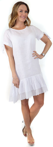 Women's Summer Dress with Bow tie Frills, Made in Italy, Regular and Plus Sizes, 100% Linen, Made in Italy