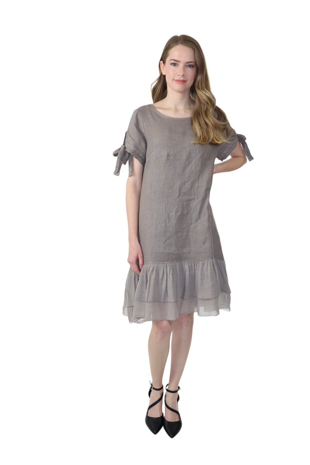 Women's Summer Dress with Bow tie Frills, Made in Italy, Regular and Plus Sizes, 100% Linen, Made in Italy