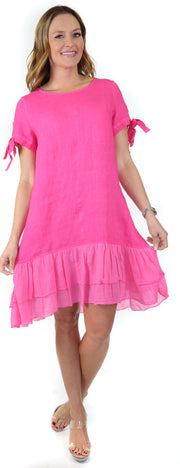 Women's Summer Dress with Bow tie Frills, Made in Italy, Regular and Plus Sizes, 100% Linen, Made in Italy
