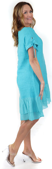 Women's Summer Dress with Bow tie Frills, Made in Italy, Regular and Plus Sizes, 100% Linen, Made in Italy