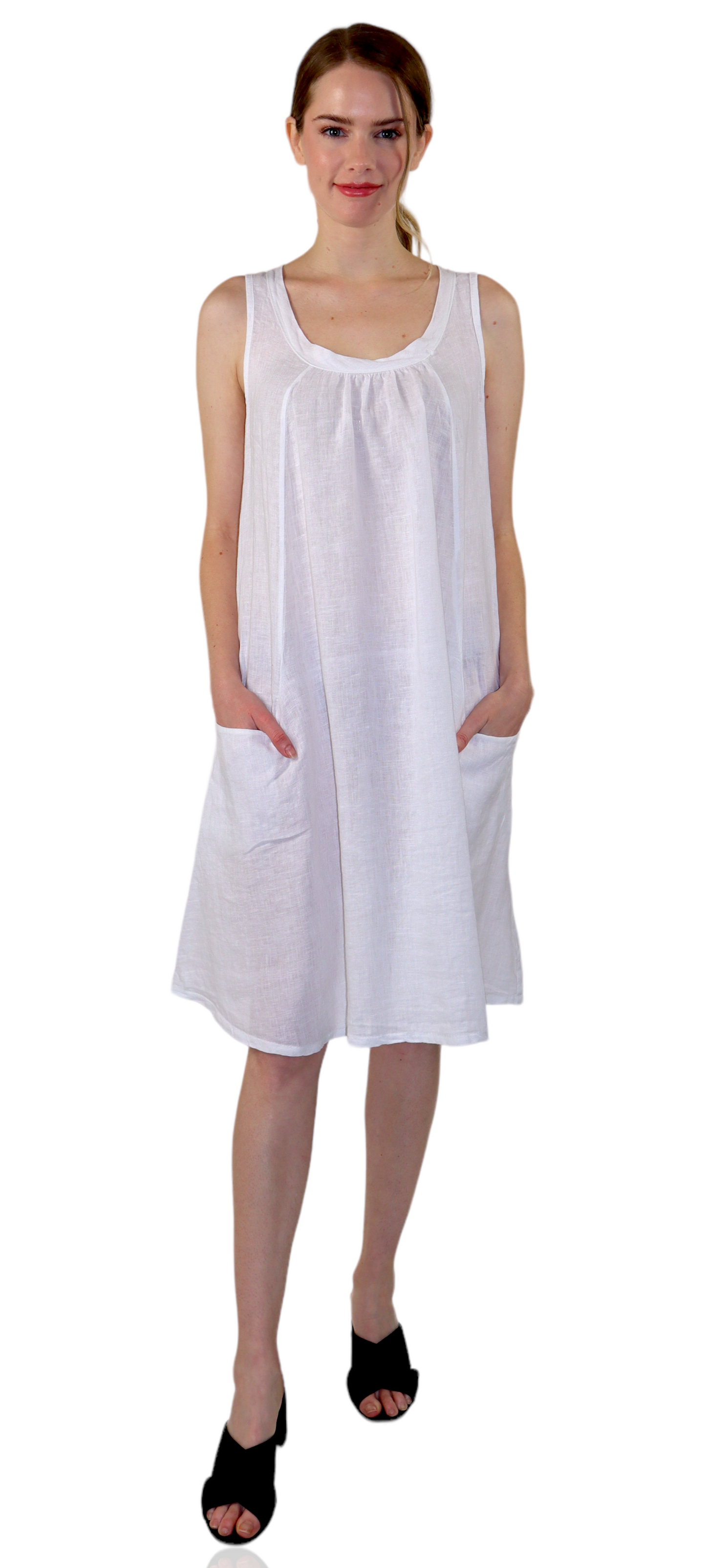 Linen Sleeveless Midi Dress with Bowtie Back and Front Pockets, 100% Natural Linen