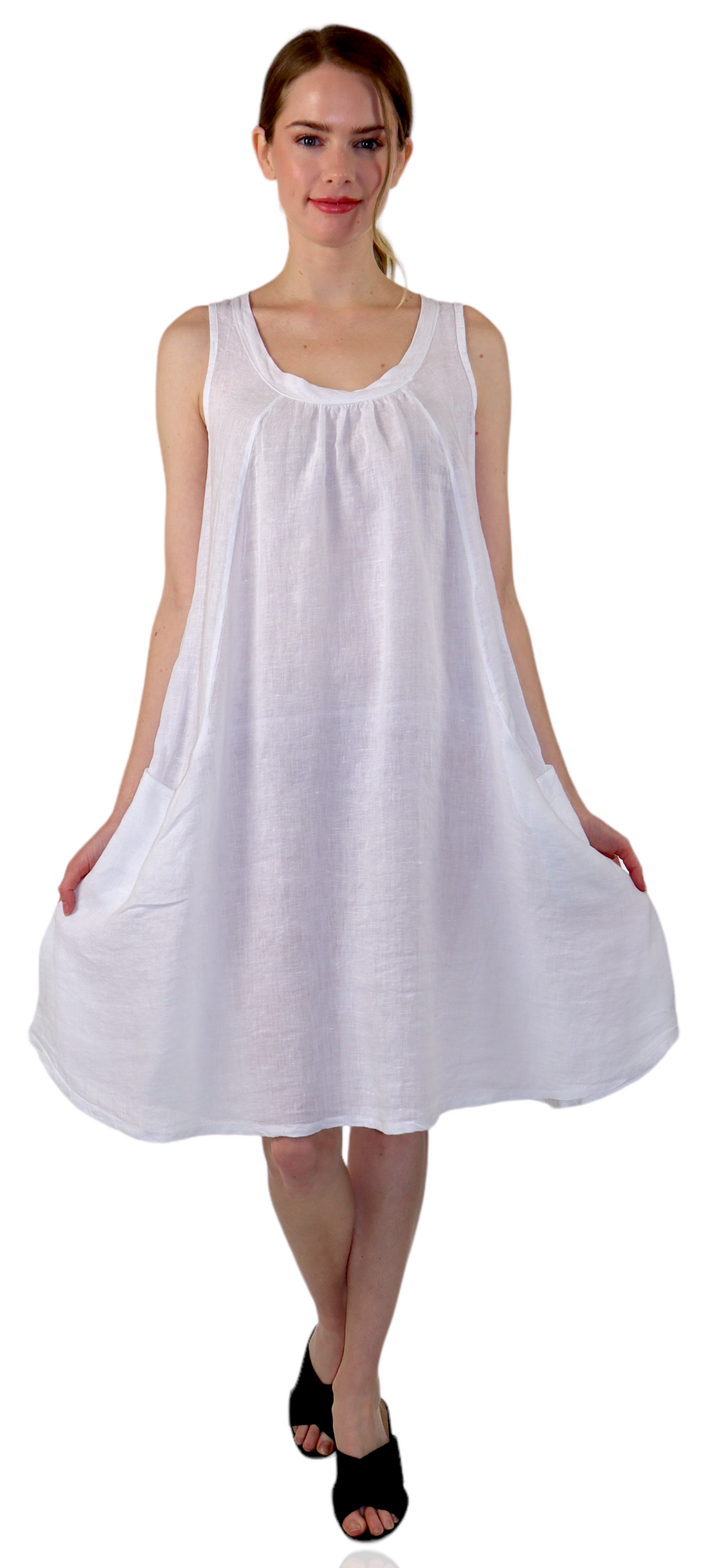 Linen Sleeveless Midi Dress with Bowtie Back and Front Pockets, 100% Natural Linen