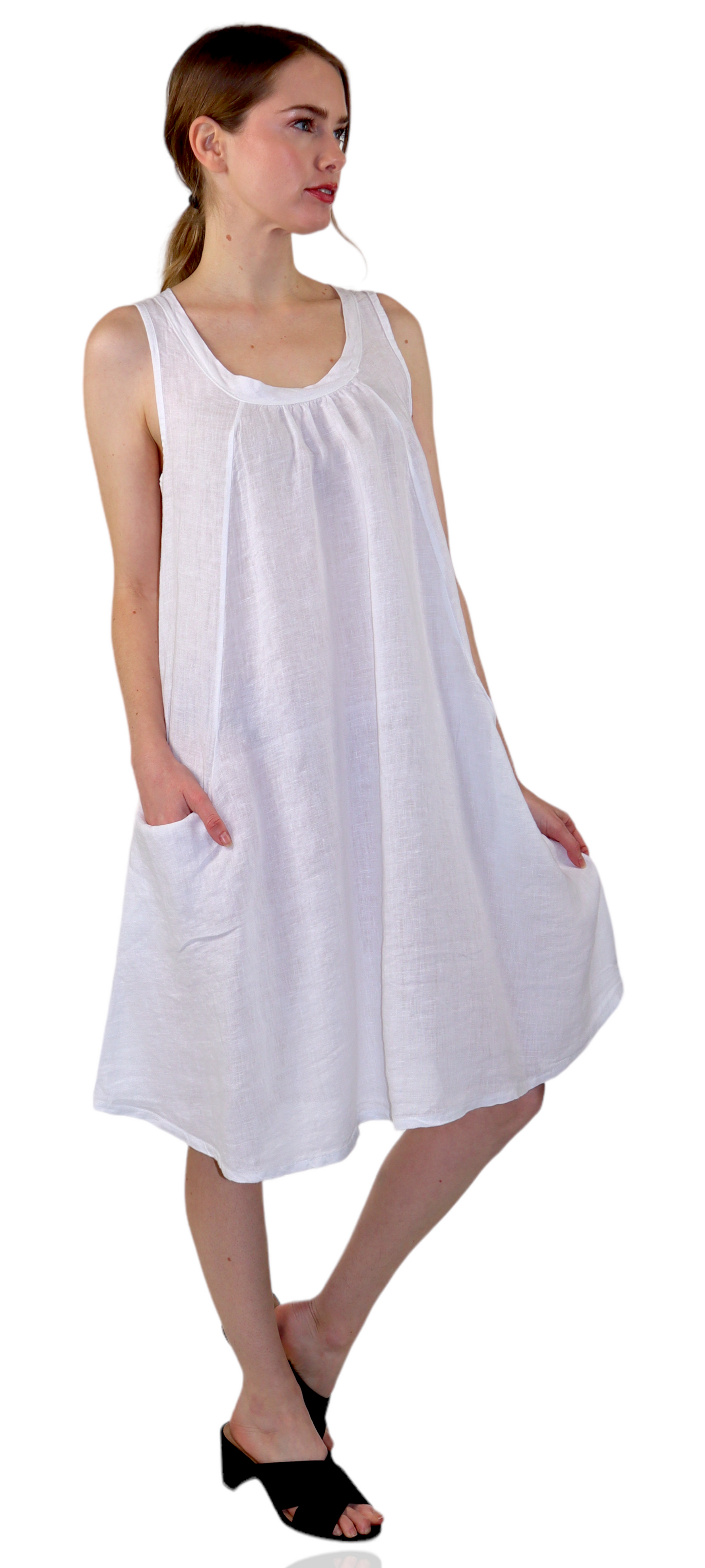 Linen Sleeveless Midi Dress with Bowtie Back and Front Pockets, 100% Natural Linen