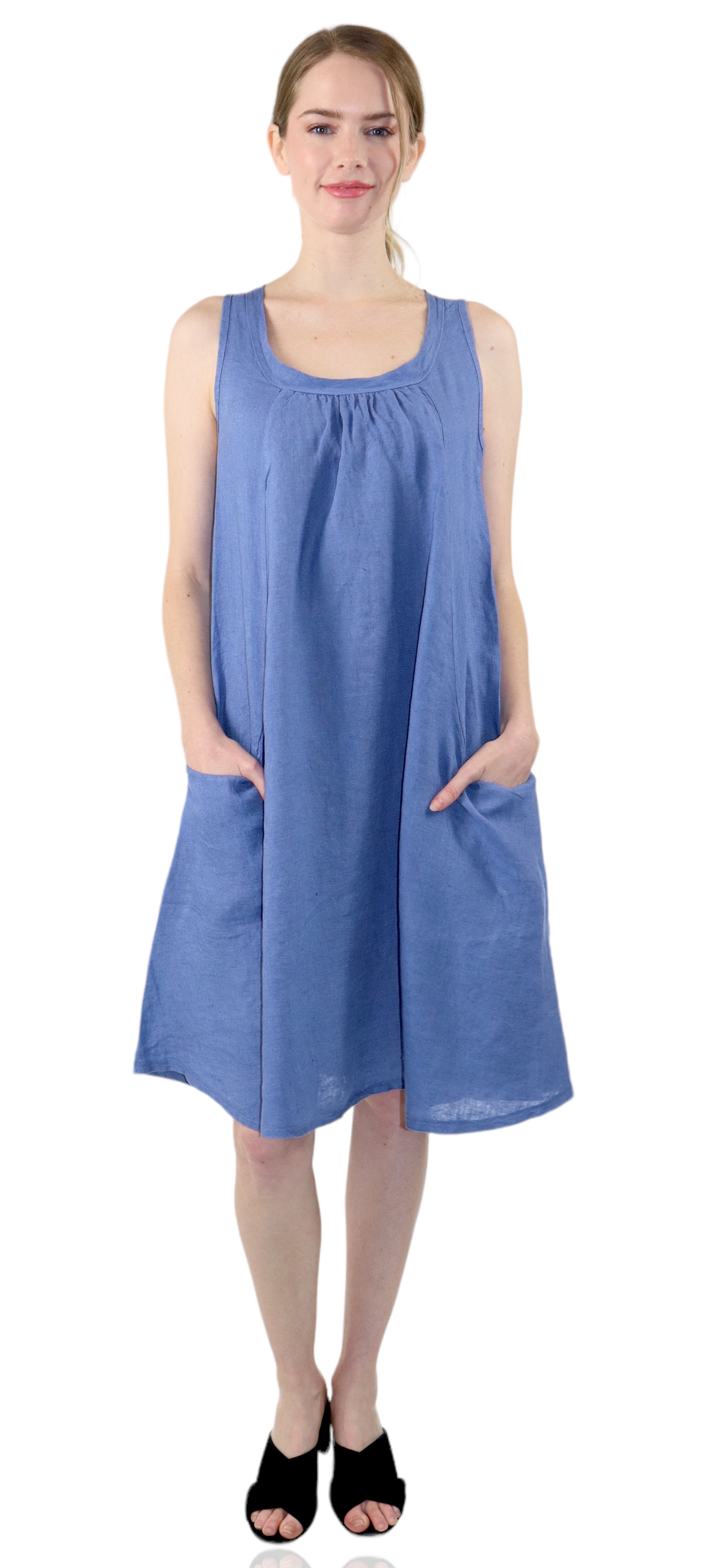 Linen Sleeveless Midi Dress with Bowtie Back and Front Pockets, 100% Natural Linen